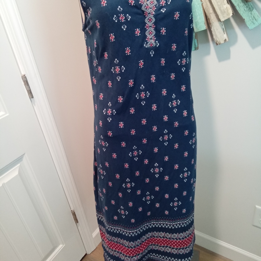Talbots Size M. Navy Blue Sleeveless V-neck Dress with Red & White